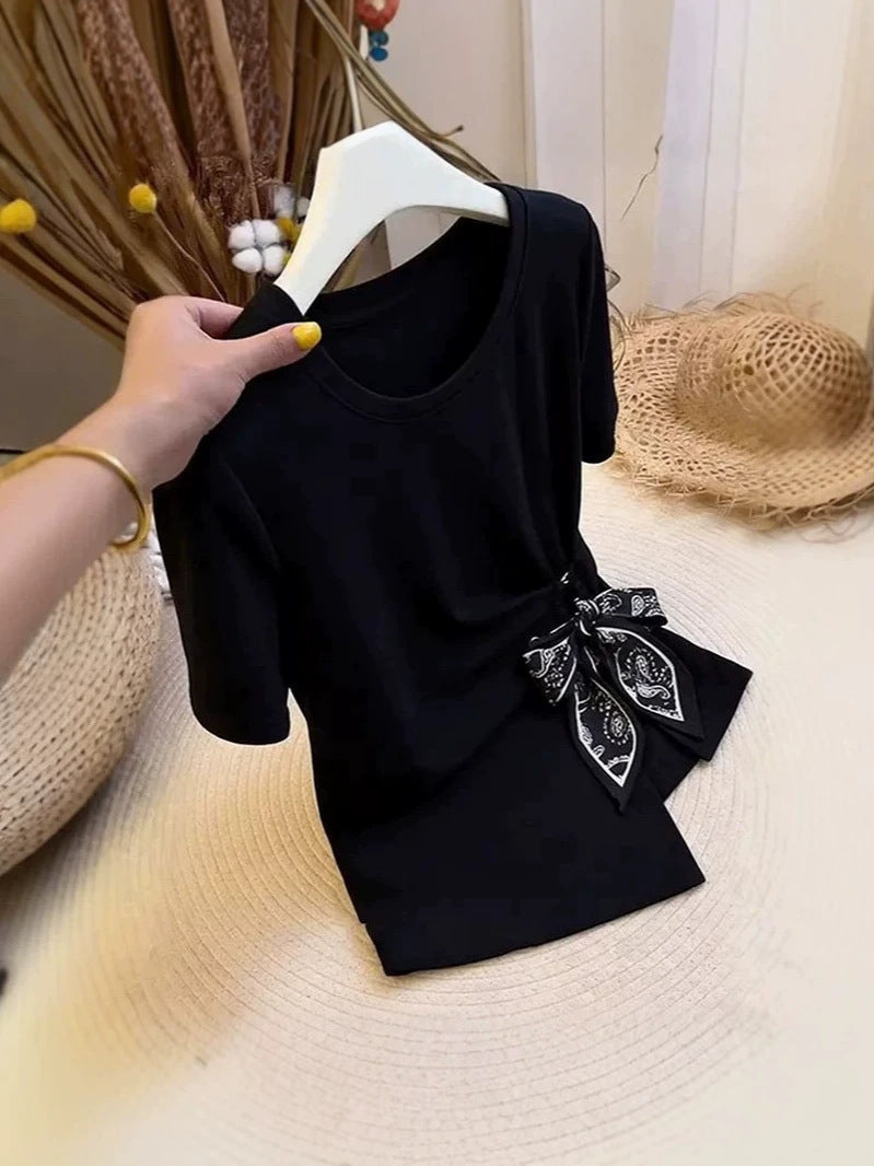 Women's Irregular Lace-Up Slim Fit Cotton T-Shirt