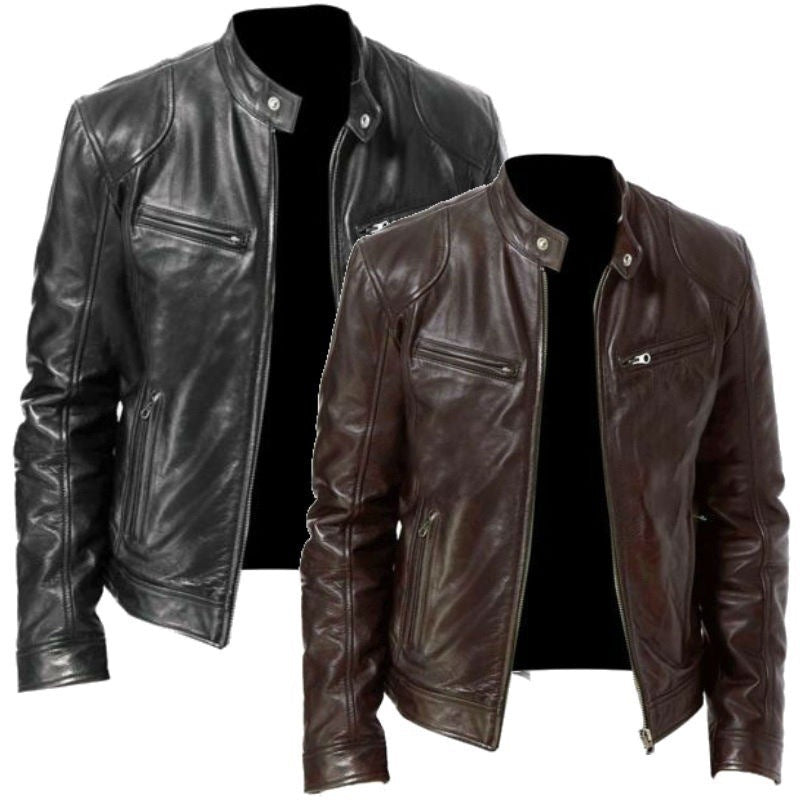 Men's PU Leather Biker Jacket with Stand Collar