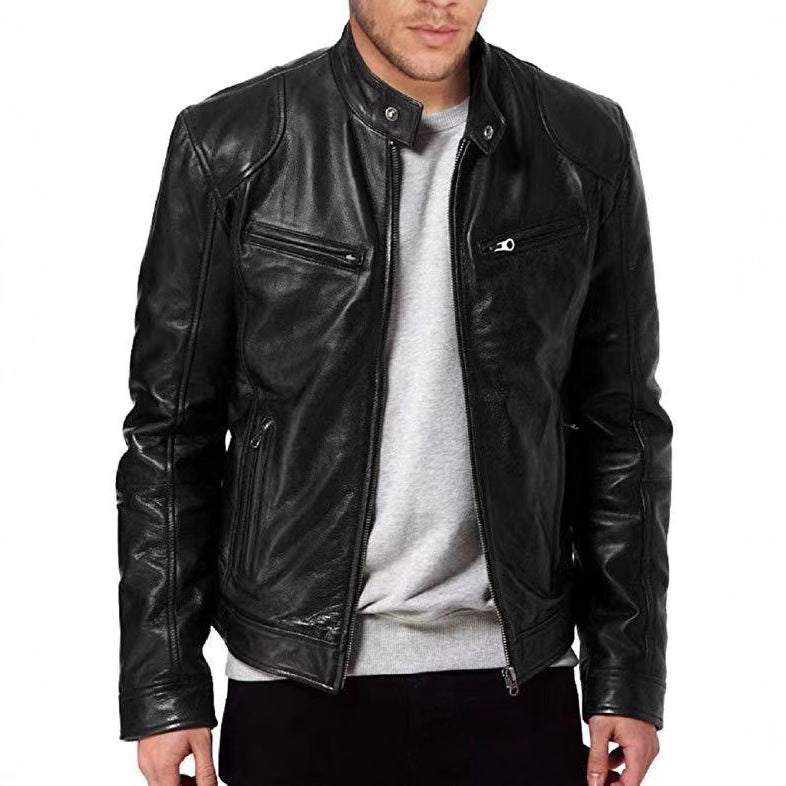 Men's PU Leather Biker Jacket with Stand Collar