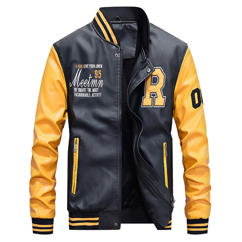 Men's PU Leather Baseball Jacket Casual Bomber Coat