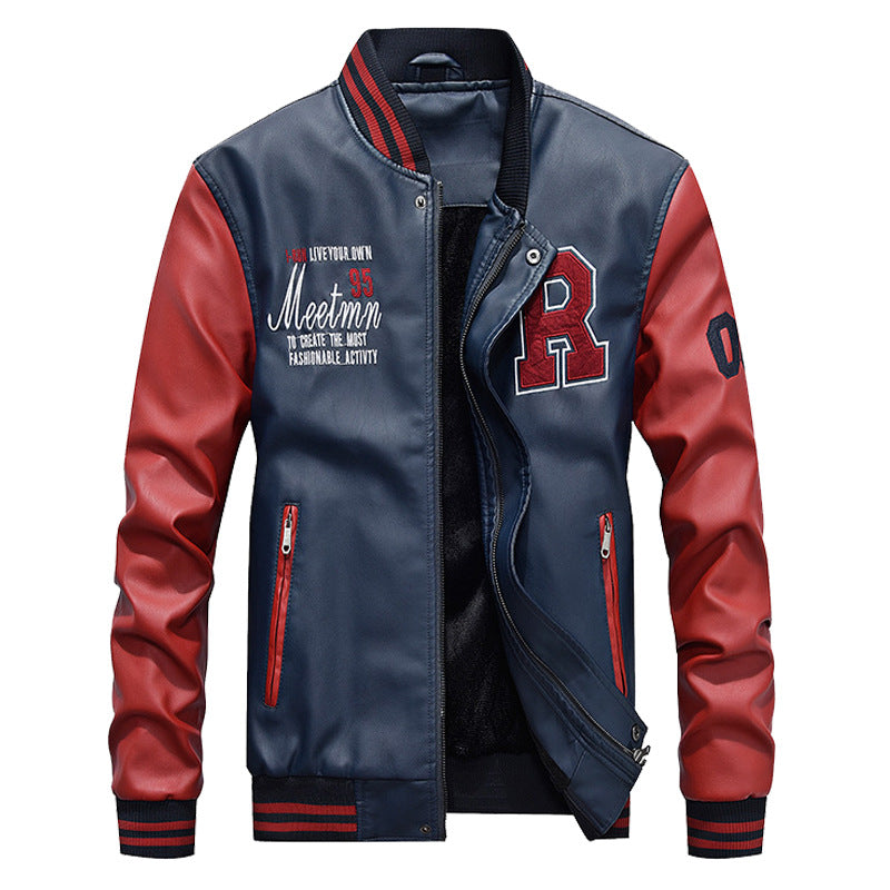 Men's PU Leather Baseball Jacket Casual Bomber Coat