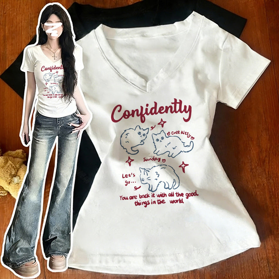 Women's Cat Print V-Neck Slim Fit Short Sleeve T-Shirt