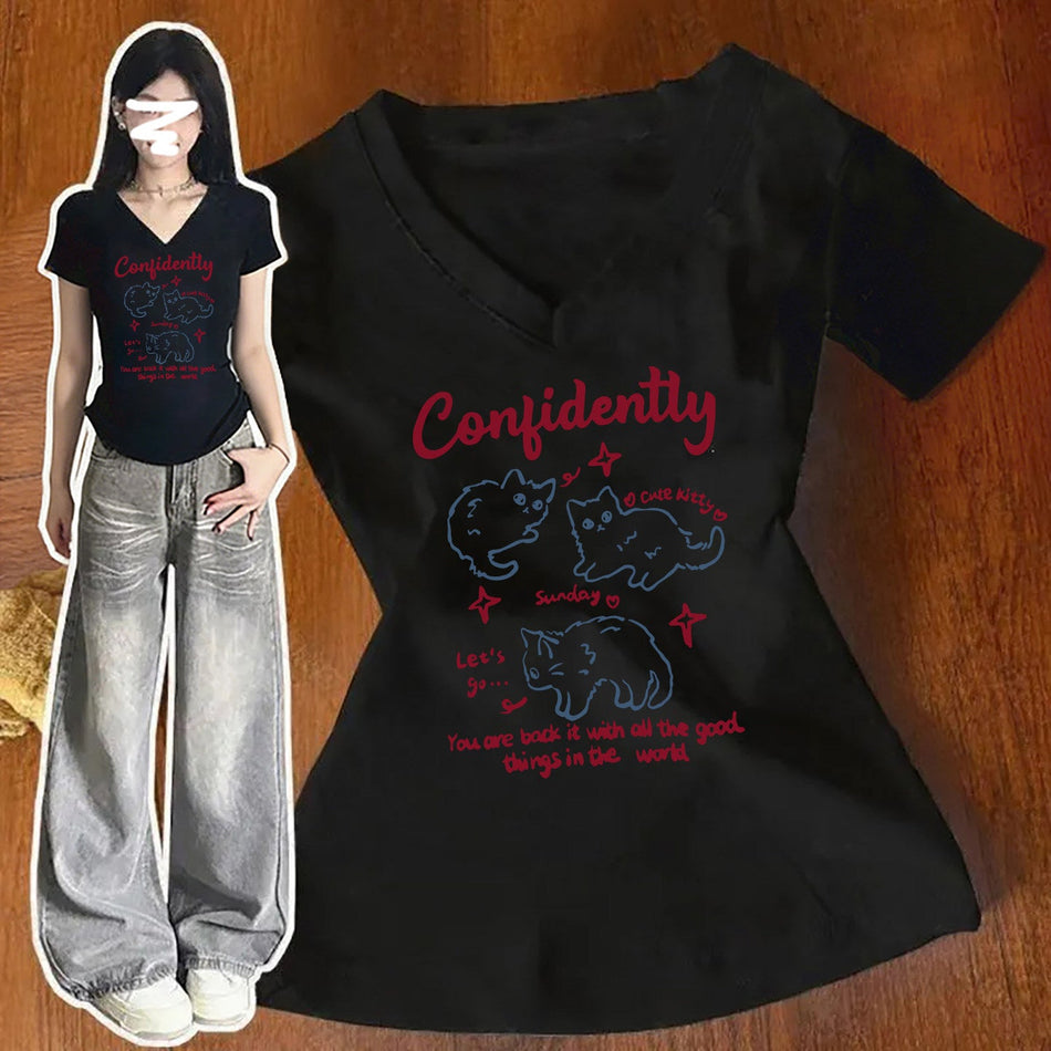 Women's Cat Print V-Neck Slim Fit Short Sleeve T-Shirt