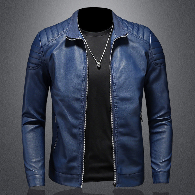 Men's Slim Fit PU Leather Jacket with Stand Collar