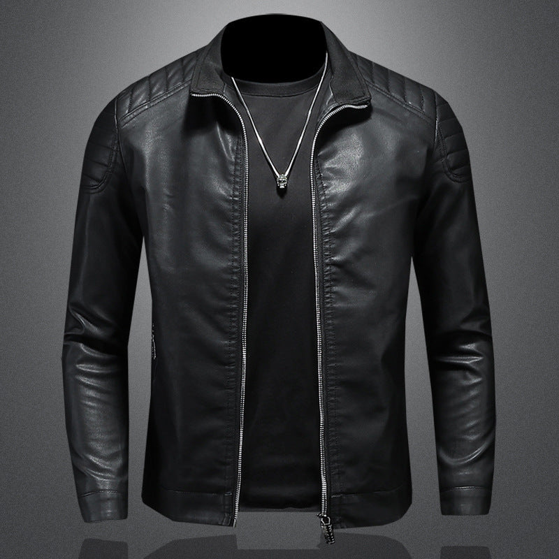 Men's Slim Fit PU Leather Jacket with Stand Collar