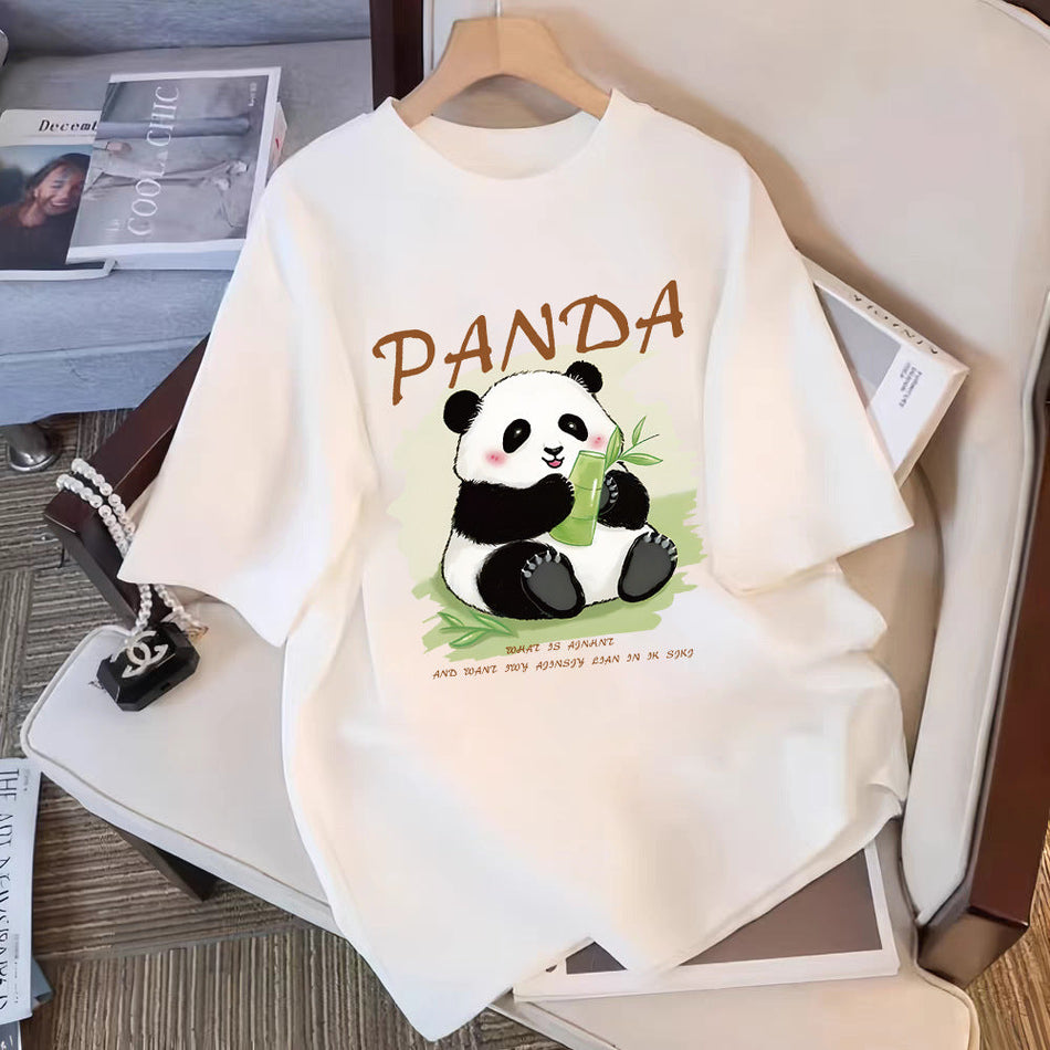 Unisex Panda Print Cotton Crew Neck T-Shirt