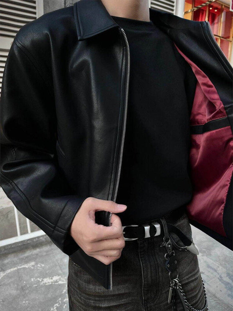 Men's Black PU Leather Jacket with Red Lining and Lapel