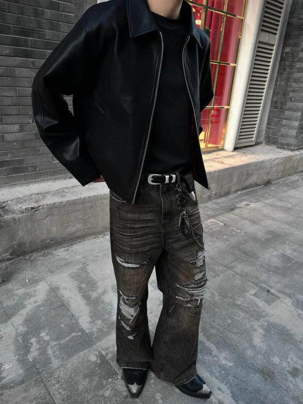 Men's Black PU Leather Jacket with Red Lining and Lapel