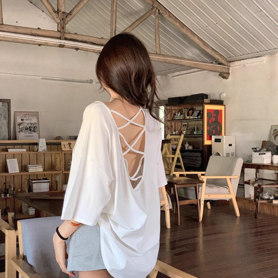 Women's Backless Loose Fit Mid-Length Short Sleeve T-Shirt