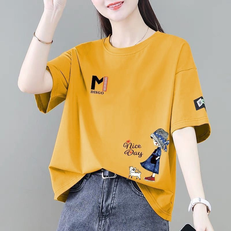 Women's Loose Fit Cat Print Crew Neck Short Sleeve T-Shirt
