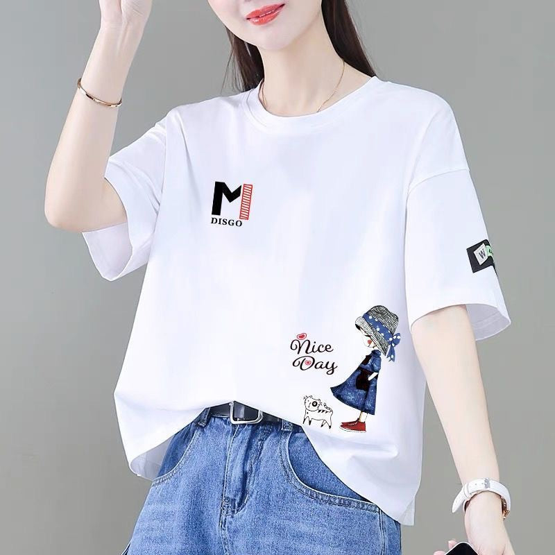 Women's Loose Fit Cat Print Crew Neck Short Sleeve T-Shirt