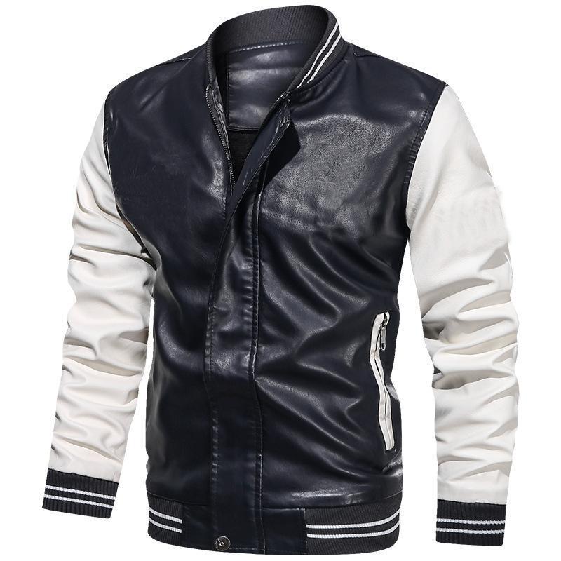 Men's Color Block PU Leather Stand Collar Jacket
