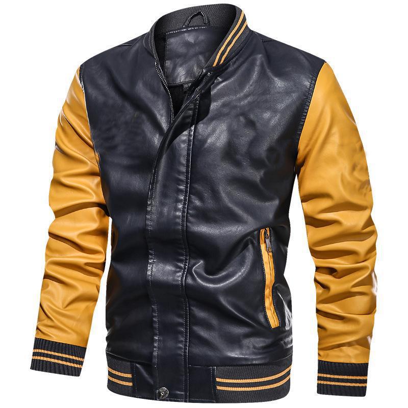Men's Color Block PU Leather Stand Collar Jacket