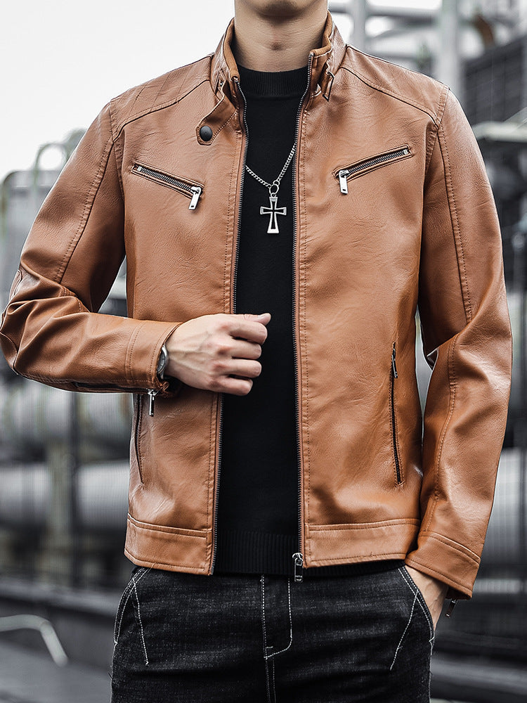 Men's PU Leather Stand Collar Motorcycle Work Jacket