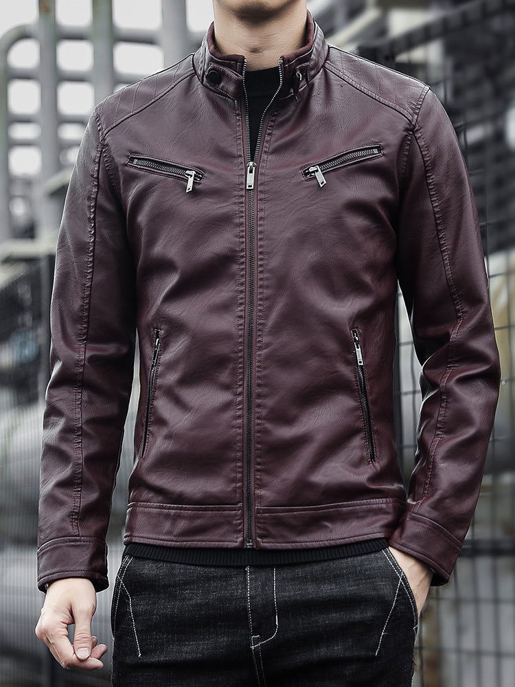 Men's PU Leather Stand Collar Motorcycle Work Jacket