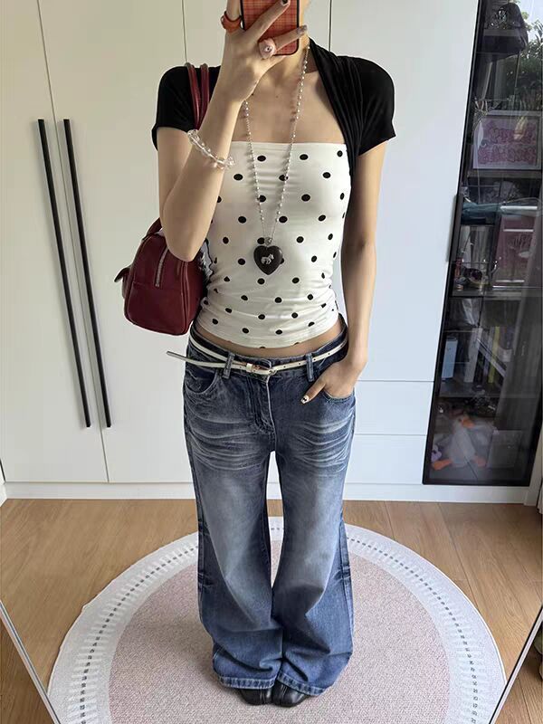 Women's Polka Dot Square Neck Slim Fit Cotton Knit T-Shirt