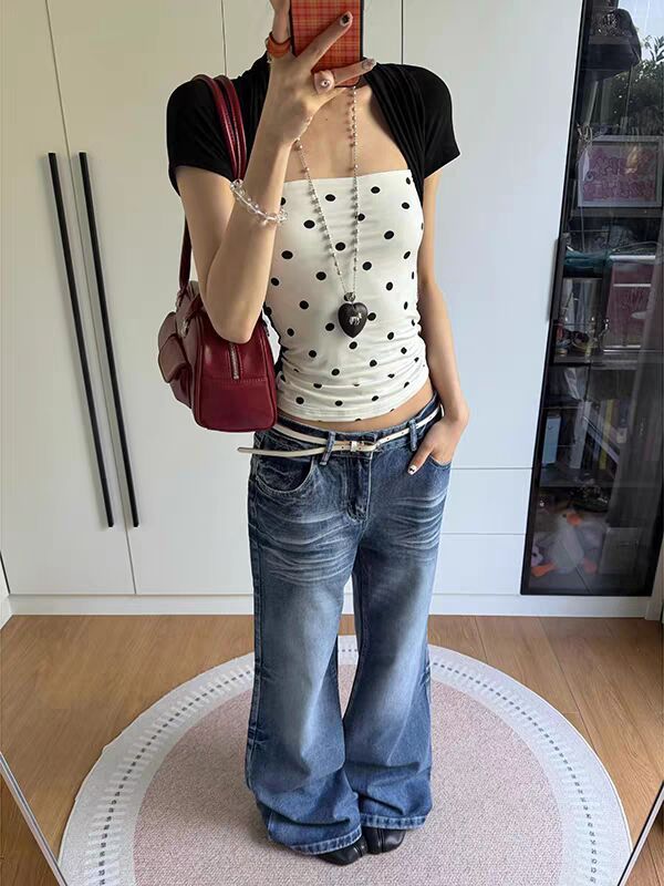 Women's Polka Dot Square Neck Slim Fit Cotton Knit T-Shirt