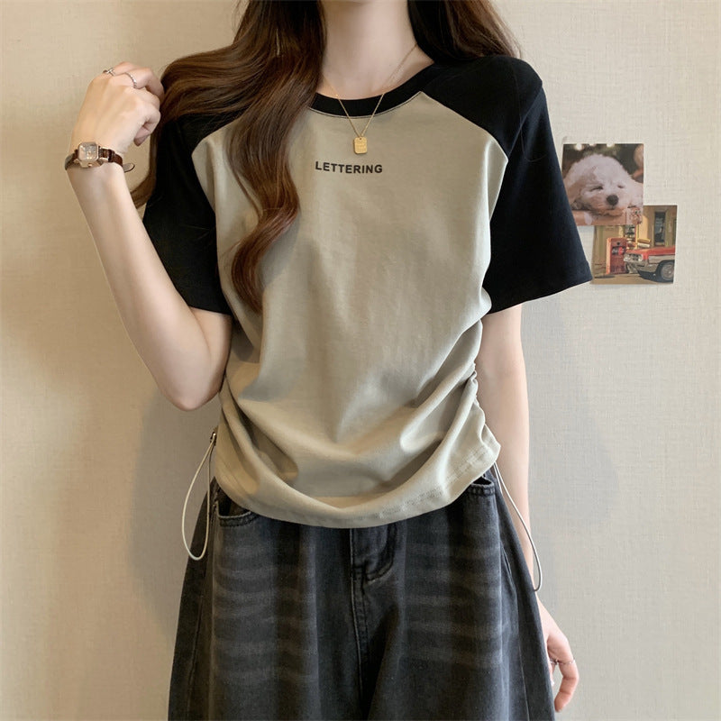 Women's Contrast Drawstring Letter Print Ice Silk T-Shirt