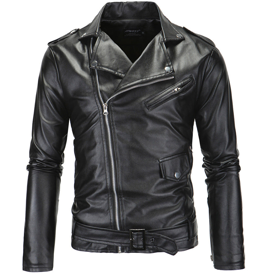Men's Slim Fit PU Leather Motorcycle Jacket with Lapel
