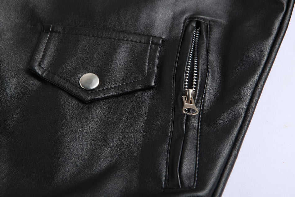 Men's Slim Fit PU Leather Motorcycle Jacket with Lapel
