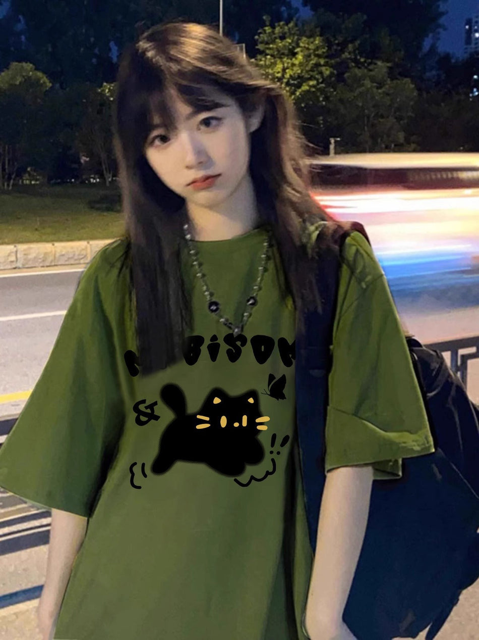 Women's Heavy Cotton Loose Fit Graphic Crew Neck T-Shirt