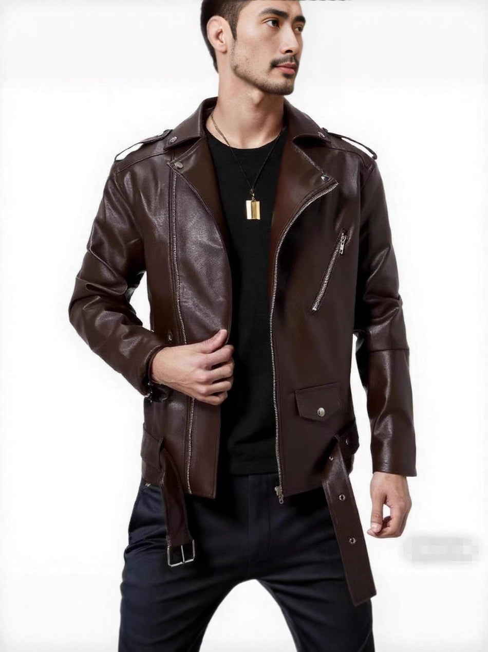 Men's PU Leather Motorcycle Jacket with Classic Lapel