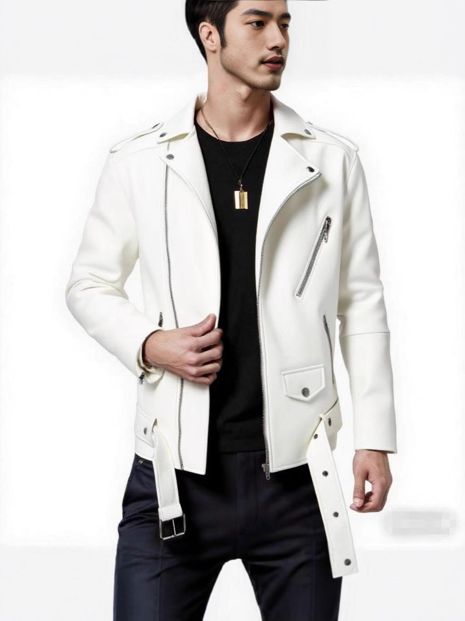 Men's PU Leather Motorcycle Jacket with Classic Lapel