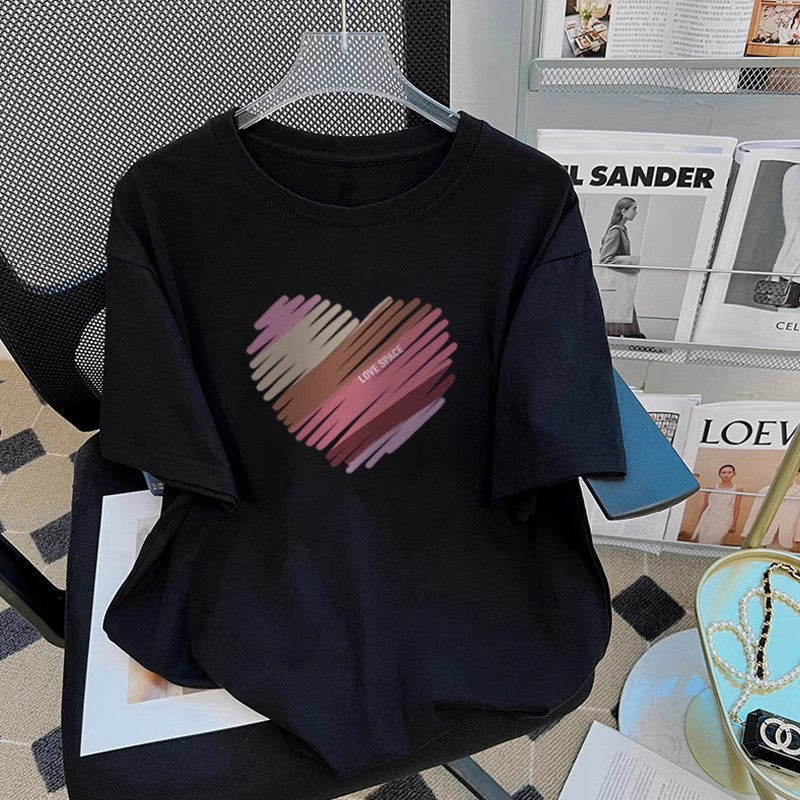 Women's Heart Print Loose Fit Crew Neck Short Sleeve T-Shirt