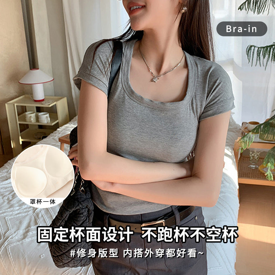Women's Square Neck Slim Fit Viscose Short Sleeve T-Shirt