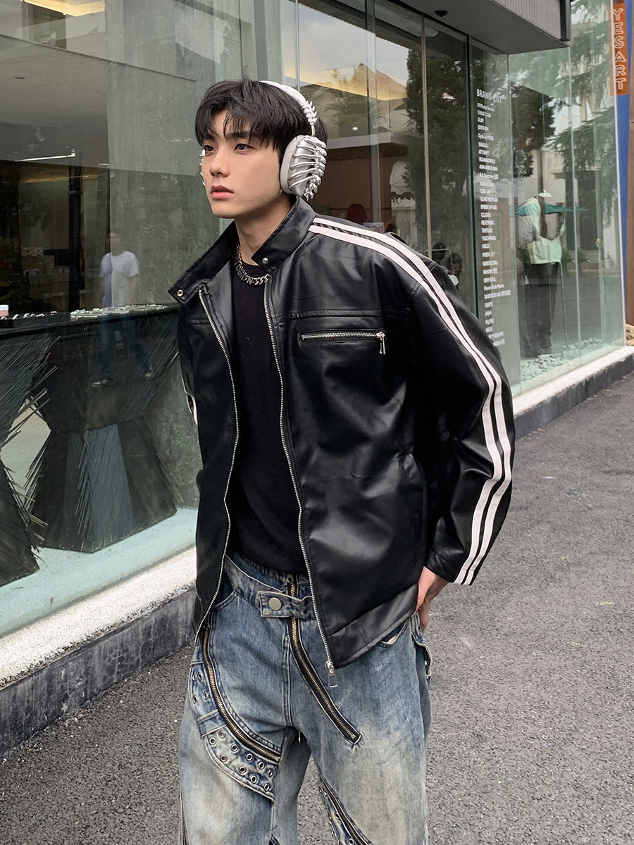 Men's Striped PU Leather Jacket with Regular Fit