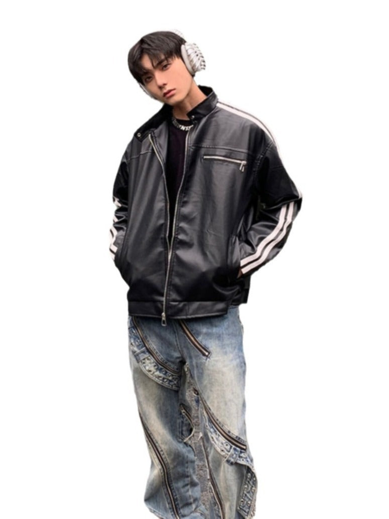 Men's Striped PU Leather Jacket with Regular Fit