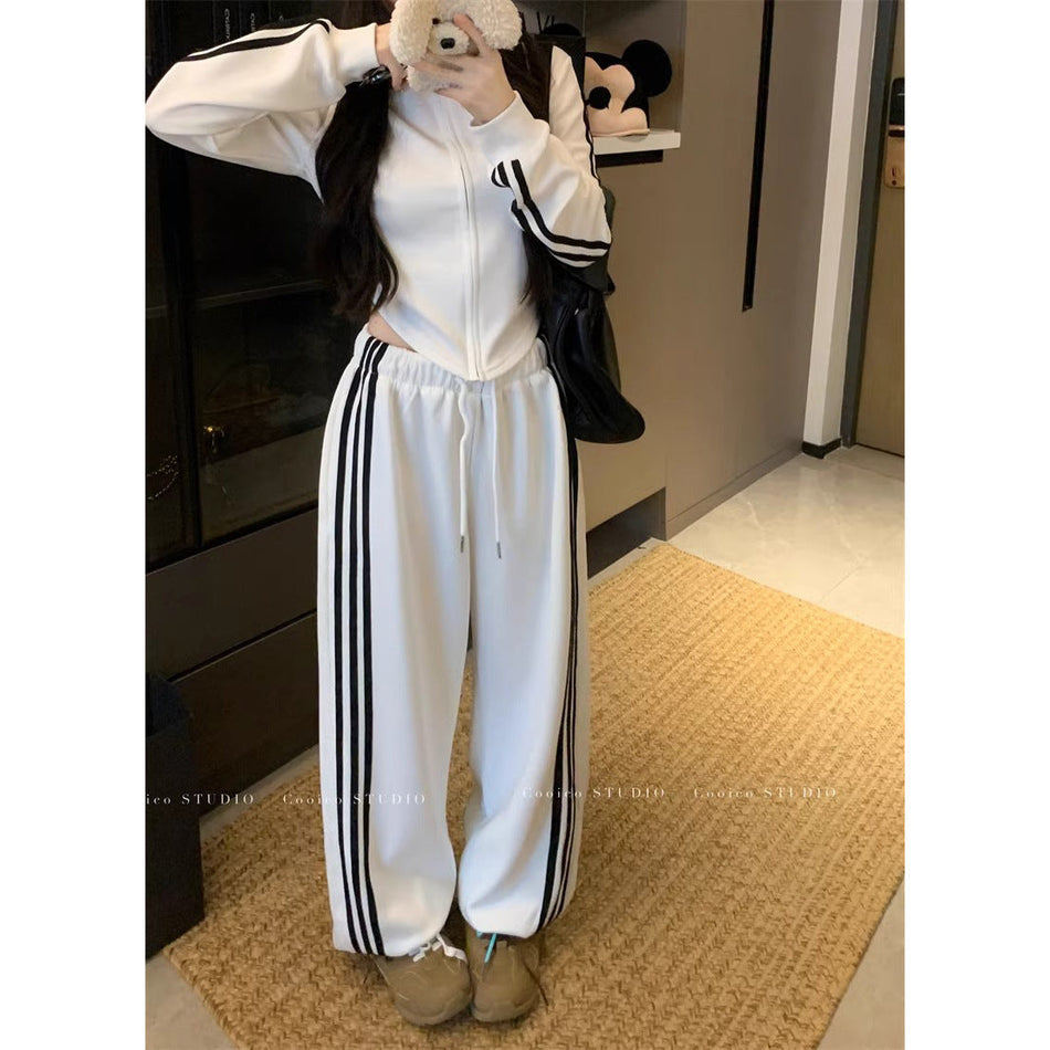Women's Cotton Three-Stripe Jacket and Wide-Leg Pants Set