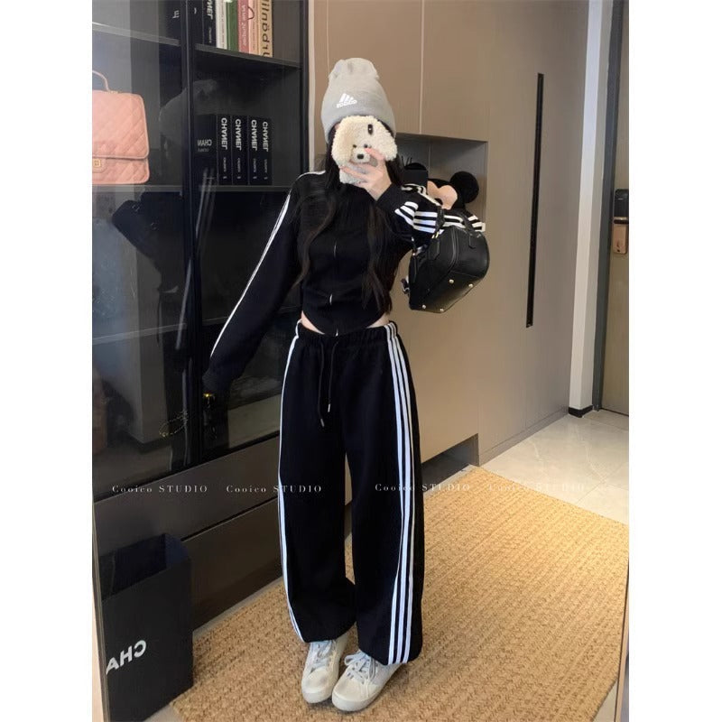 Women's Cotton Three-Stripe Jacket and Wide-Leg Pants Set