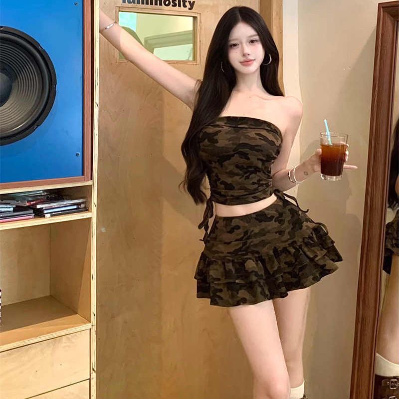 Women's Camouflage Tube Top and Mini Skirt Two-Piece Set