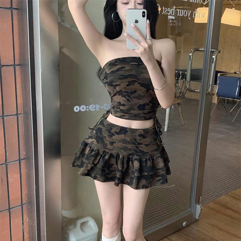 Women's Camouflage Tube Top and Mini Skirt Two-Piece Set