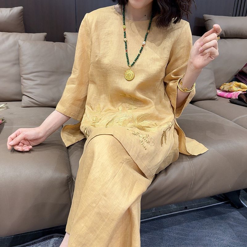 Women's Embroidered Cotton Linen Top and Wide-Leg Pants Set