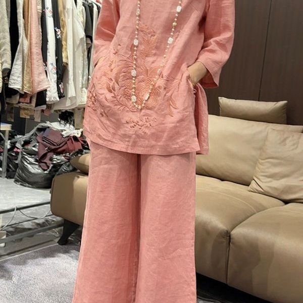 Women's Embroidered Cotton Linen Top and Wide-Leg Pants Set