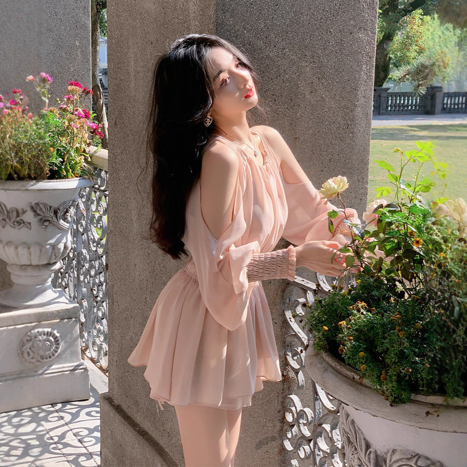 Women's Chiffon Off-Shoulder Dress and High-Waist Shorts Set