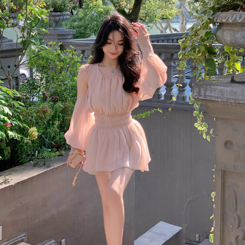 Women's Chiffon Off-Shoulder Dress and High-Waist Shorts Set