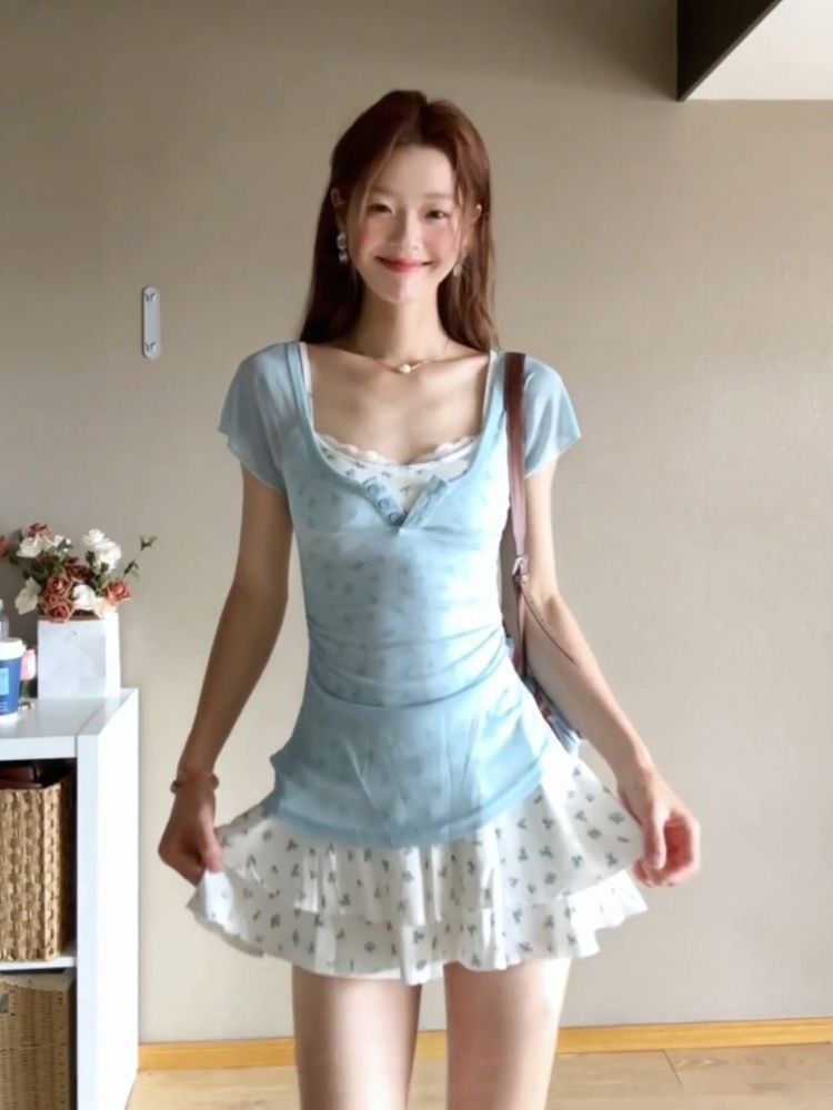 Women's Cotton Floral Cami Dress and T-Shirt Two-Piece Set