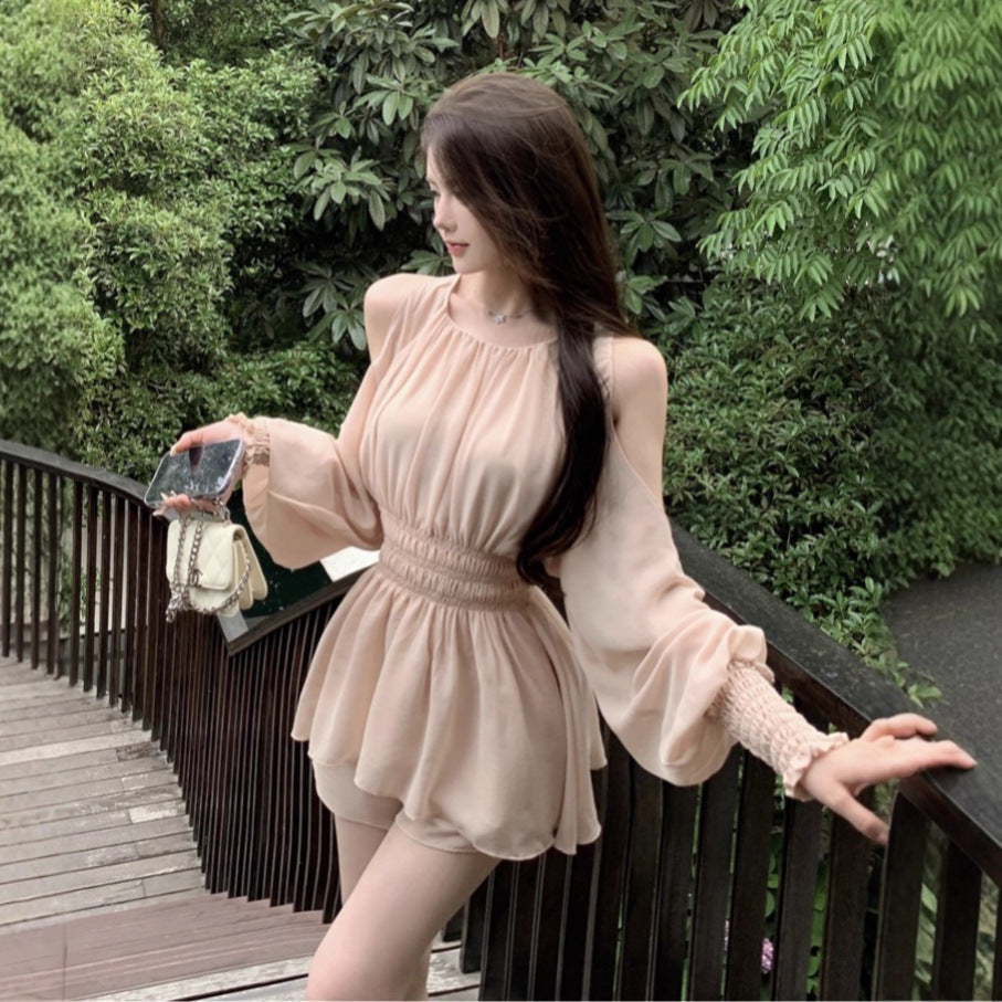 Women's Off-Shoulder Chiffon Blouse and Shorts Two-Piece Set