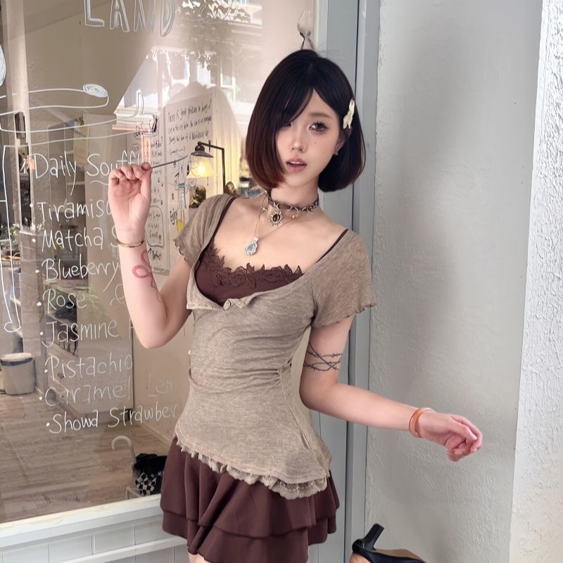 Women's Lace Blouse and Slim Fit Mini Skirt Two-Piece Set