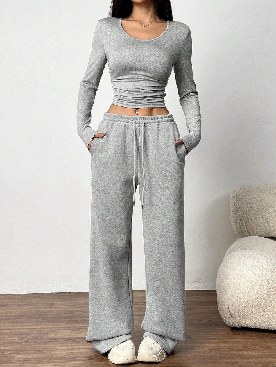Women's Slim Fit Long Sleeve Top and Pocket Pants Set