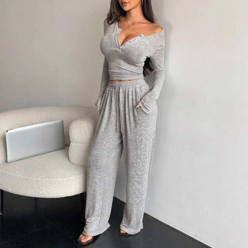 Women's V-Neck Button Top and Wide-Leg Pants Set