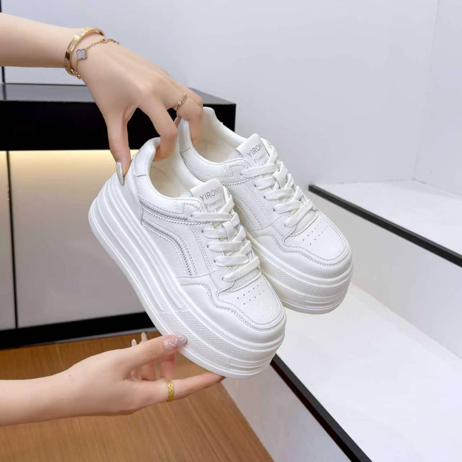 Women's Platform White Sneakers with Embroidered Thick Sole