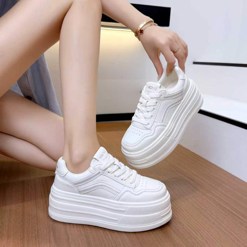 Women's Platform White Sneakers with Embroidered Thick Sole