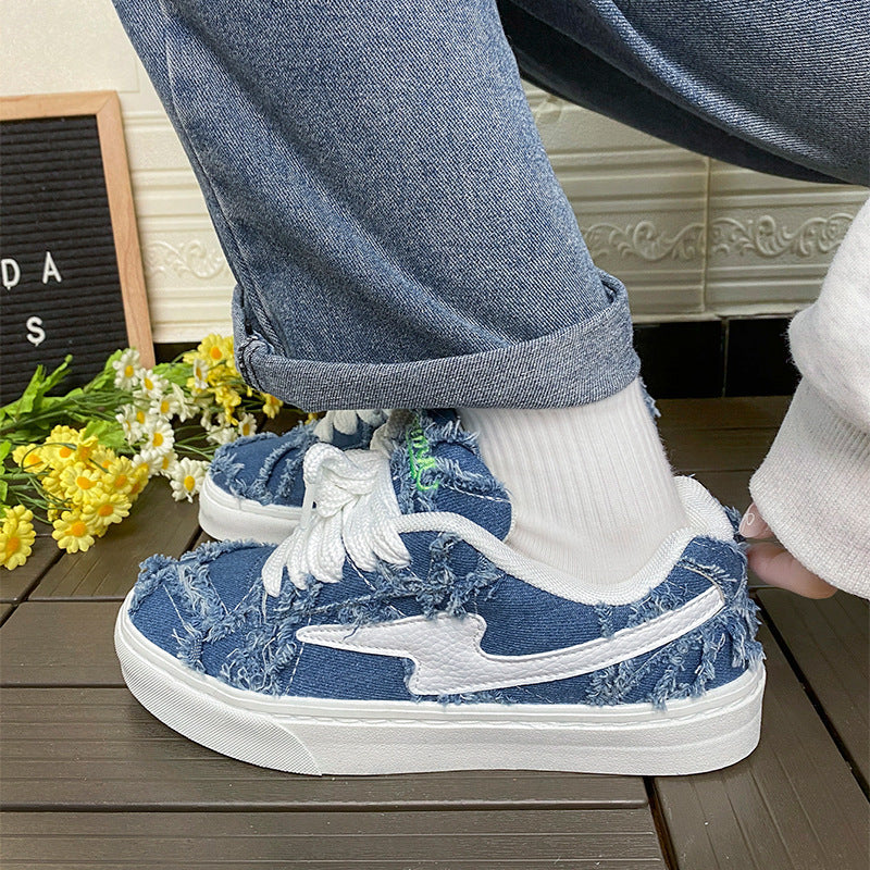 Unisex Retro Denim Contrast Casual Sneakers with Rubber Sole
