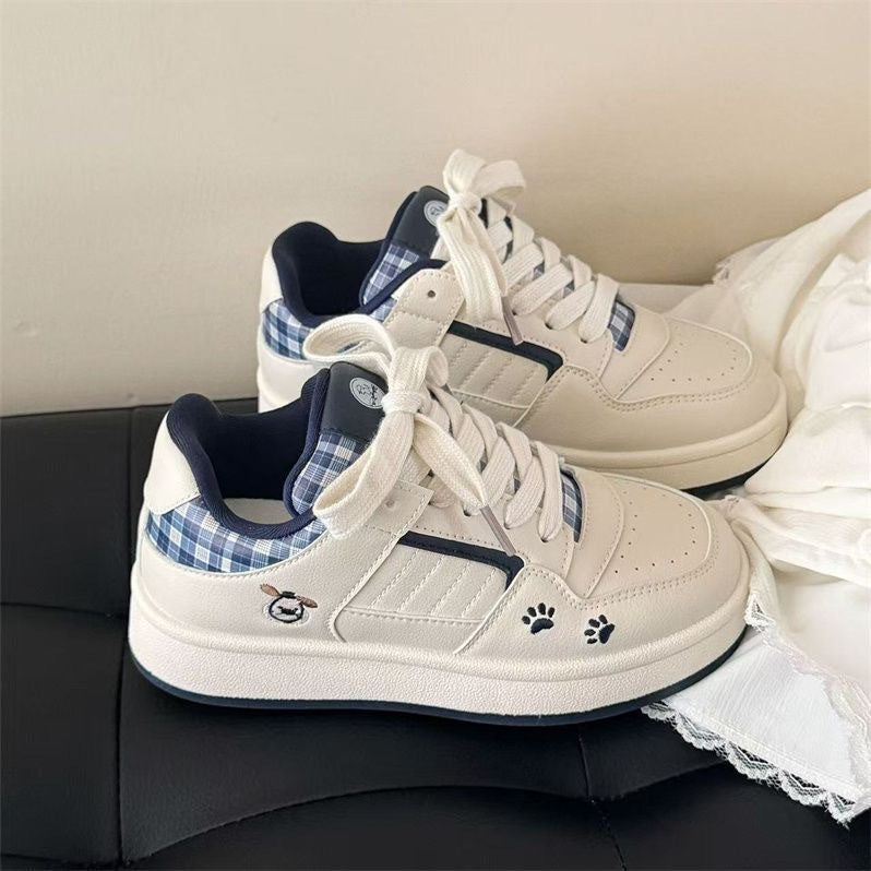 Women's Thick Sole White Sneakers with Striped Lace-Up Design