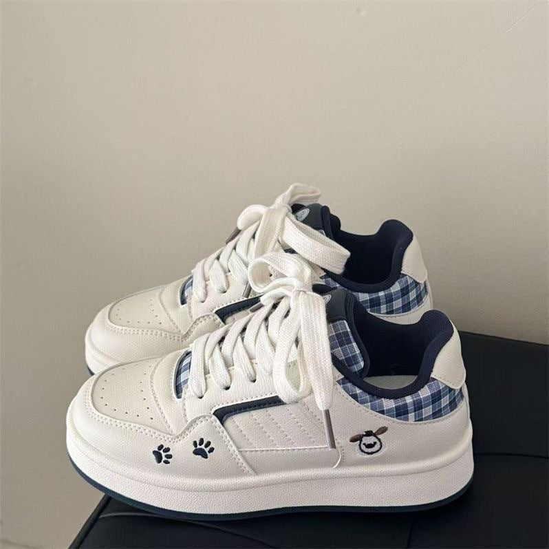 Women's Thick Sole White Sneakers with Striped Lace-Up Design