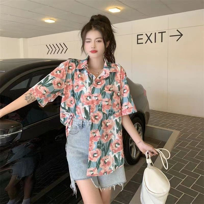 Women's Retro Floral Polo Collar Loose Fit Short Sleeve Shirt
